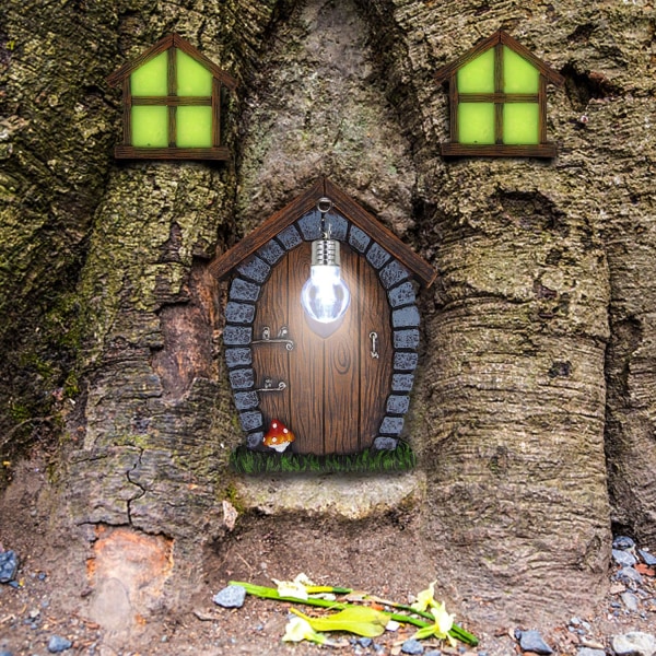 Miniaturevinduer og -døre med dekorative trælys, lysende fe-sovedøre og -vinduer, skulptur i gårdhavekunst, plænedekoration