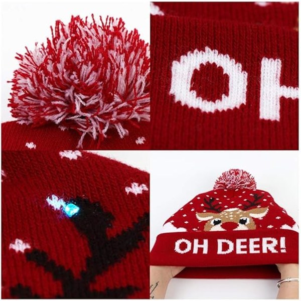 LED julelue, lys opp julelue Unisex strikket lue ferielue med hjortetrykk for festrød