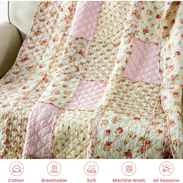 Sengespred 130x150cm, blød og behagelig til 1 person, lyserød blomstret quiltet tæppe, ægte patchwork, egnet til alle årstider.