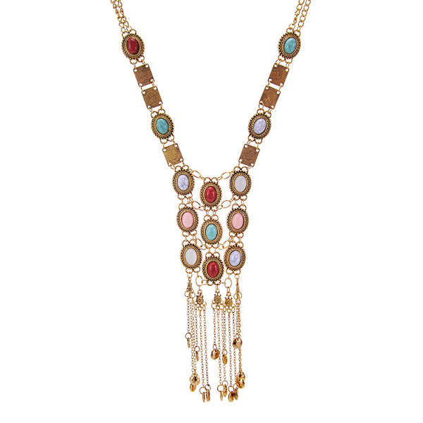 Kvinnors Retro Boho Stil Turkos Halsband Etnisk Tribal Lång Pärl Smycken