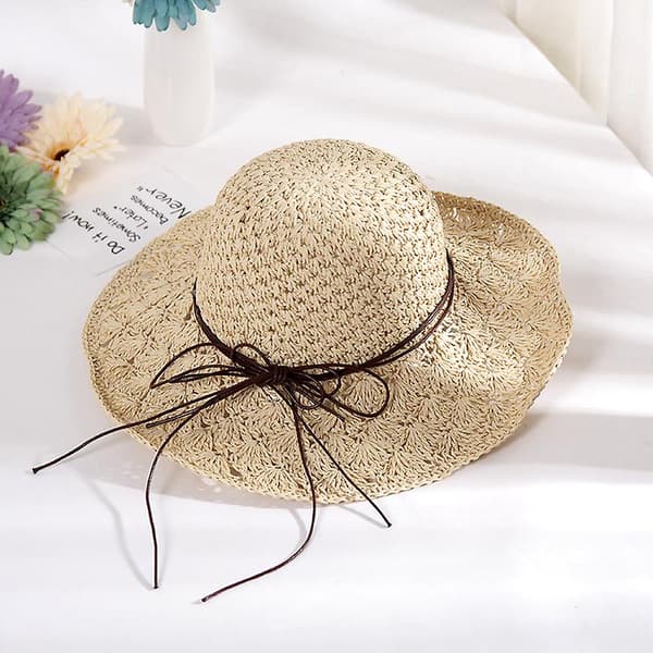 Kvinde Bredskygget Hat Foldbar Sommer Strand Sol Halm Hat Beige