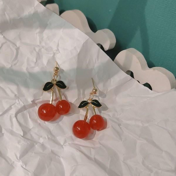 S925 Silver Needle Cherry Glass Fruit Earrings Double Red Leaf Earrings Simple Cute Earrings