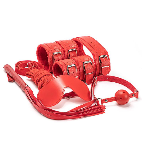 7 st/set Läder Bodaged Kit Adlt Explay Hndcffs/whps/ball Gg/rep/collr Bdm Red