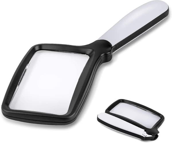 Fällbar handhållen förstoringsglas med ljus, 3x rektangulär förstoringsglas