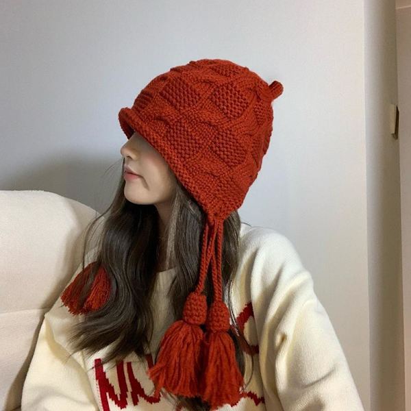 Nyår Rödluvan Dam Höst och Vinter Varm Ull Tofs Pullover Mössa Handgjord Stickad Öronskydd Mössa Japansk Stil
