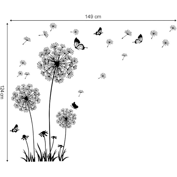 Seinätarra Dandelion ja Butterfly Seinätarra Makuuhuoneen Olohuoneen Toimiston Seinäkoriste (Musta)