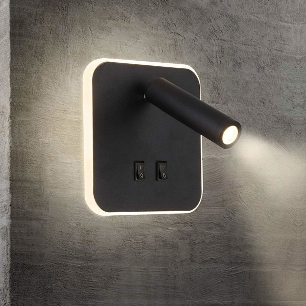 Sengelampe LED vegglampe innendørs hotell vegglamper seng korridor vegglampe med bryter svart 3W+10W firkant