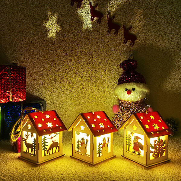 Jul DIY Naturlig Trä Hängande Timmerstuga med Varm LED-Ljusprydnad Jultomten