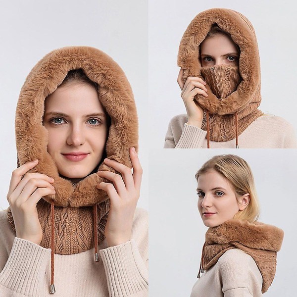 Winter Fur Cap Mask Set Hooded For Women Knitted Cashmere Neck Warm Russia Outdoor Ski Windproof Hat Thick Plush Fluffy Beanies