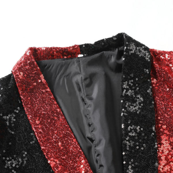 Glitterblazer med paljetter för män, en knapp, spetsig krage, smokingjacka, svart och black and Red S
