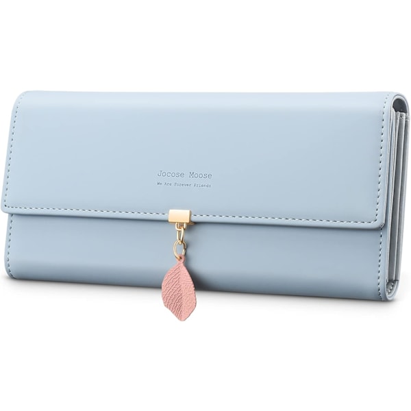 Light Blue-Women's Leather Wallet,Large Coin Purse Checkbook Holder with Card Holder Leaf Pendant Zipped Phone Pocket