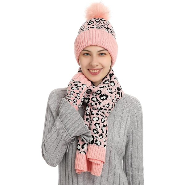 Leopard Beanie Hat, Halstørklæde og Touchscreen-handsker Sæt med Pompon til Kvinder