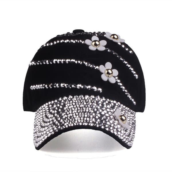 Krystal Rhinestone Baseball Cap Blomsterperler Mode Hat Håndlavet Solhat Skinnende, Sort