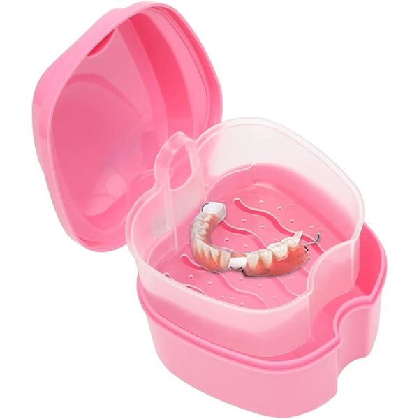 Denture bath solution box (rosa, uten proteser), tannregulering retainer box, plast protese bath solution box, protese rengjøring sett beholder, imm