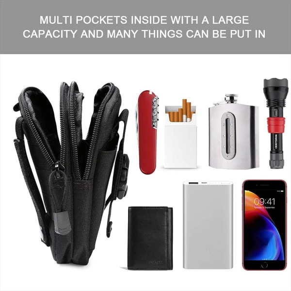 Taktisk bältesväska, nylon midjeväska - Svart - Multifunktionell Molle EDC-gadgetväska för utomhusbruk, vandring, bergsklättring och cykling