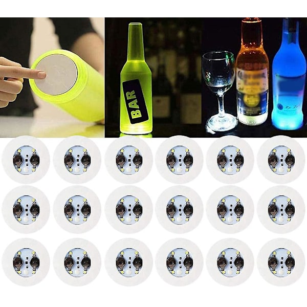 18 stk. LED-coaster, lysende coaster, LED-flaske-lys, LED-klistermærke-coaster-diske, lyser op