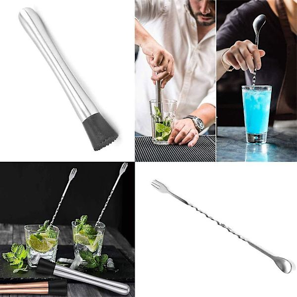 4 stk. rustfrit stål cocktail muddler & spiralformet blandeske, hjemmebar værktøjssæt til at lave mojito mint juleps drikkevarer