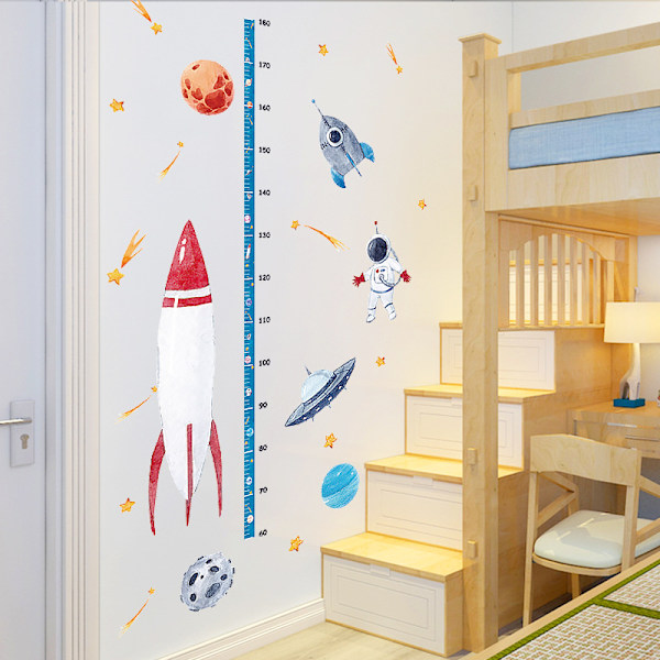 Raket Väggdekaler Planeter Höjdmätning Diagram Väggdekal Rymd Väggdekoration Baby Boy Sovrum Vardagsrum