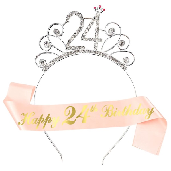 Födelsedag Tiara Och Sash, Glitter Satin Sash, Crystal Crown Tiara och Birthday Girl Badge för flickor kvinnor 24th
