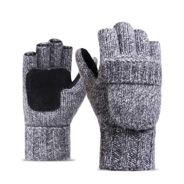Stickhandskar i ylle halvfinger clamshell för män och kvinnor på vintern Koreansk ull plysch förtjockat läder för varm ridning, ljusgrå