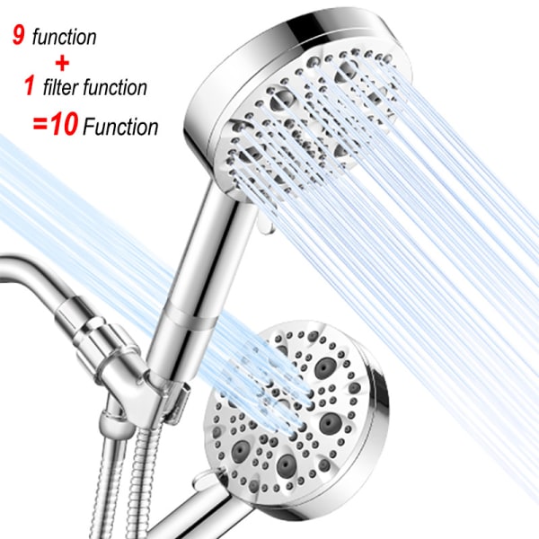 9+1 funktion med vattenspruta, tryckfilter, skönhetsdusch, duschhuvud