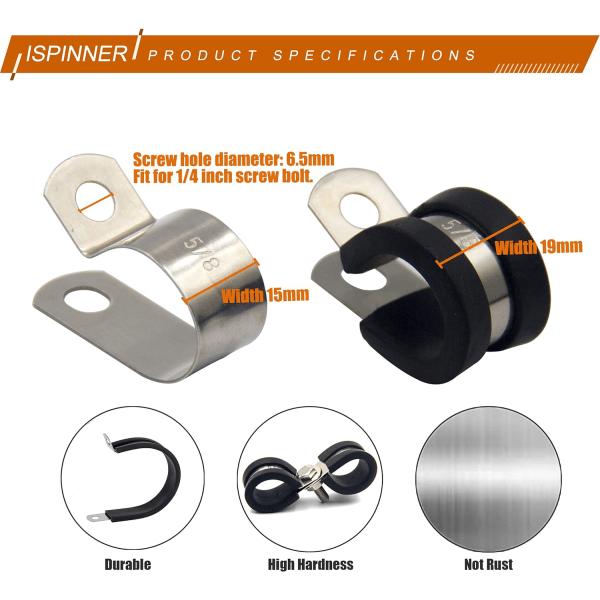 52 kpl:n kaapelikiinnikkeiden yhdistelmäpakkaus, 304 ruostumattomasta teräksestä valmistettu kumiletkujen kiristin, 6 kokoa 1/4\" 5/16\" 3/8\" 1/2\" 5/8\" 3/4\"