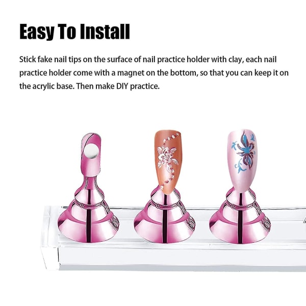4 set nagelställ för press on naglar display, magnetisk falsk nagelhållare för målning naglar övningar, nybörjare akryl nagelkonst kit tillbehör, nagel Pink