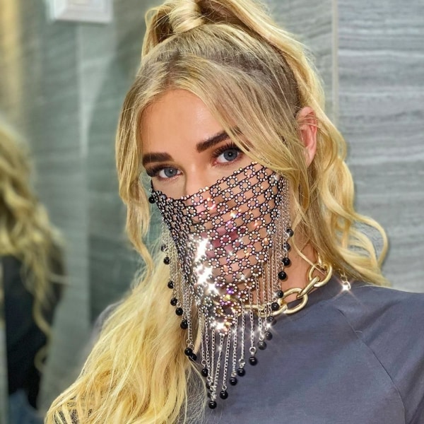 Bling Crystal Mesh Maske Sort Kvast Ansigtskæde Maske Masquerade Masker Med Krystal Vedhæng Aften Fest Bal Venetiansk Mardi Gras Kjole Masker Smykker til