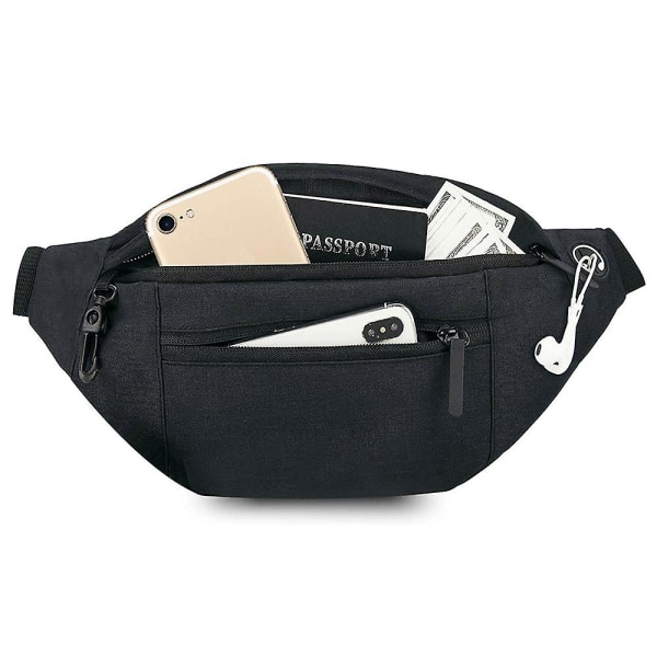 Stor Crossbody Fanny Pack med lynlåslommer, løbende casual håndfri tegnebøger taljepakke Black