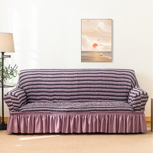 Strækbar sofaovertræk Sofaovertræk Vaskbart møbelbeskyttelse Sofa Sofa seng Betræk med elastisk bund og skørt til børn kæledyr Stribet lilla, Medium