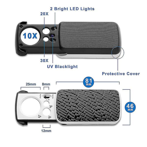 Smykkelupper, 30x 60x 90x LED-belyst smykkelupe
