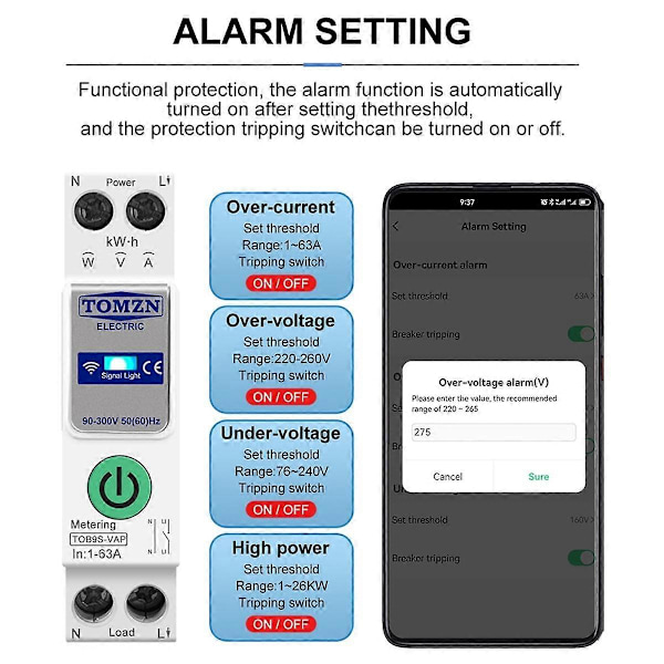 TOB9S-VAP TUYA Smartlife 63A 1P+N WIFI Smart Bryter Energimåler Kwh Måling Overvåking Strømbryter Relé MCB