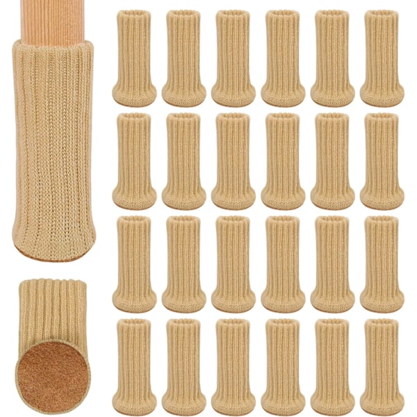 Beige farve-24 stykker strikkede stolebenssokker til stolebenbeskyttere, beskyttelse til møbelben, flyt nemt og reducer støj, 8,9*3,3 cm i diameter