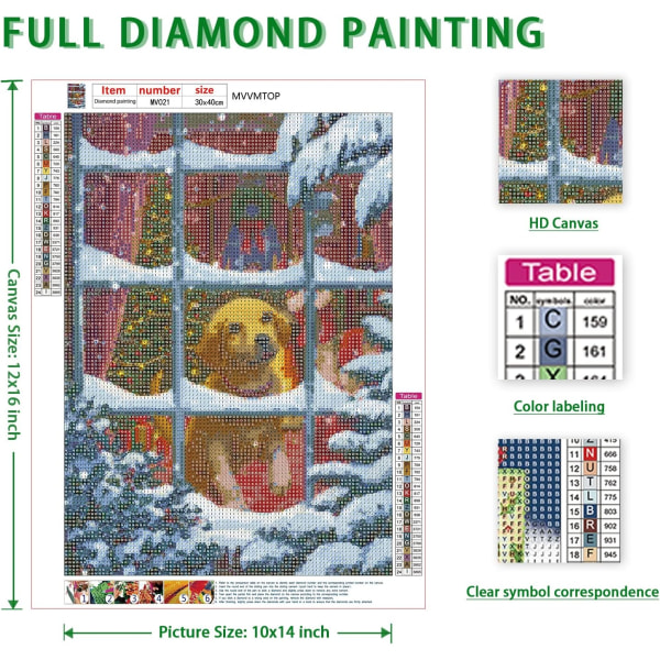 Julhund Diamond painting Julgran DIY 5D set Diamond painting för vuxna och barn 12x16 tum