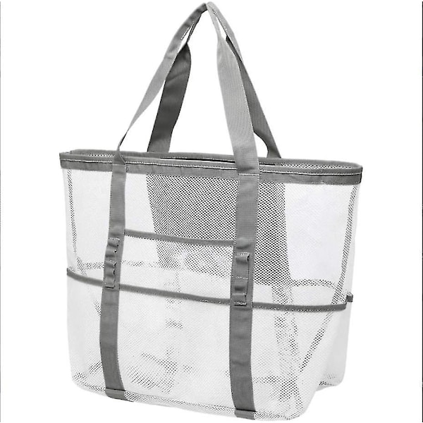 Strandväska, F-färgad nätstrandväska, extra stor strandväska med 9 fickor, strandleksaksväska light grey