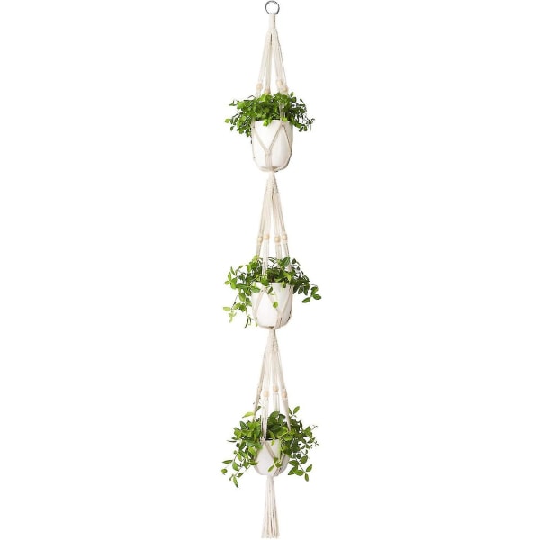Macrame växt hängare 3 nivåer inomhus utomhus hängande växtkorg bomullsrep med pärlor 177cm