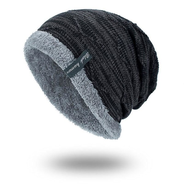 Herrar Vinter Varma Slouchy Mössa Oversized Baggy Mössa Fleece Fodrad Stickad Skalle Mössa Black