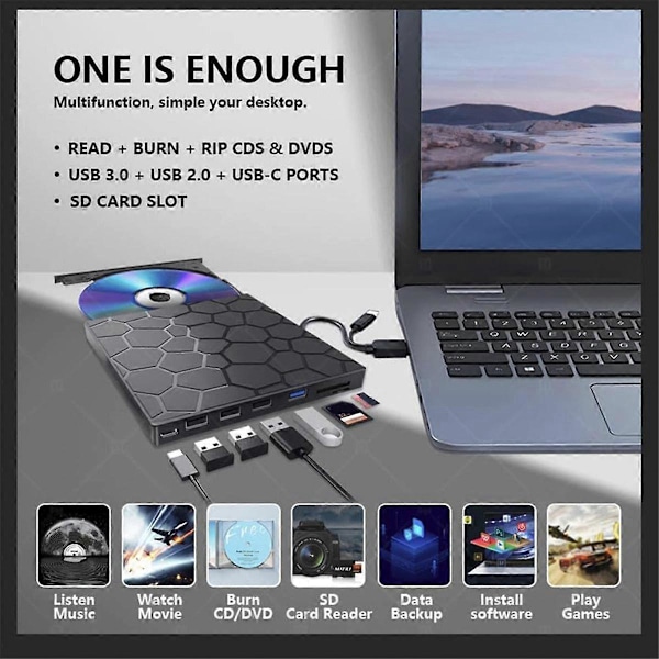 Extern CD/DVD-enhet, 7 i 1 USB 3.0 CD/DVD-ROM +/-RW CD-brännare för Laptop Desktop, 11/10/8/7 Linux