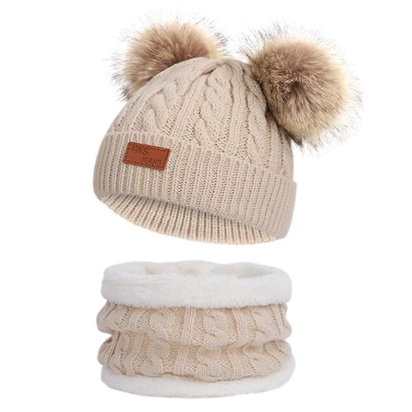 Spädbarn Småbarn Ullmössa Enfärgad Vinter Twist Dubbel Pom Pom Stickad Mössa Beige