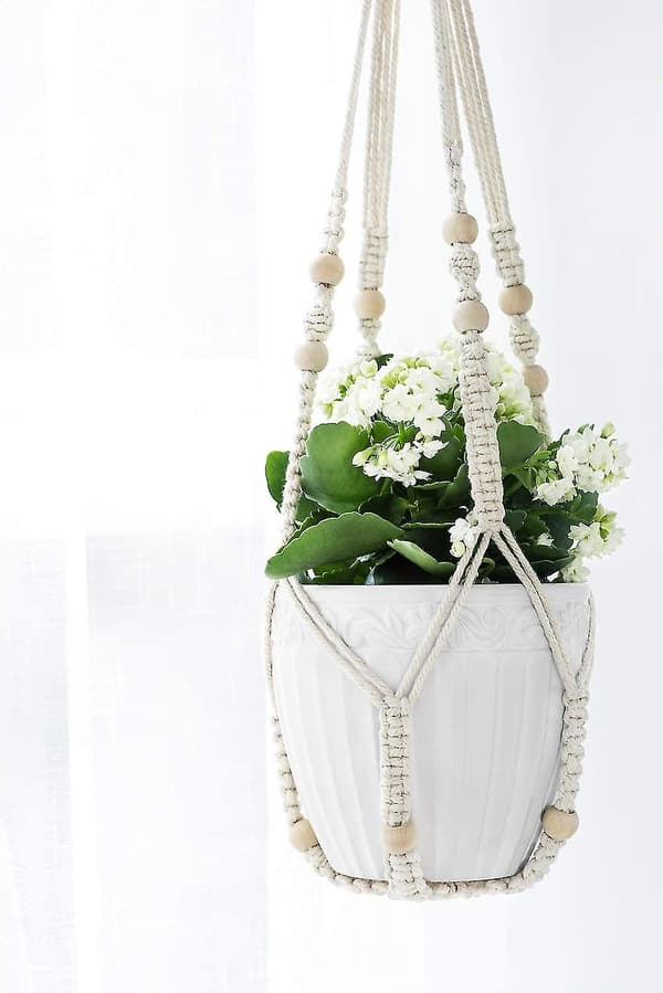 Macrame växt hängare inomhus utomhus hängande planter korg bomullsrep med pärlor, Elfenben