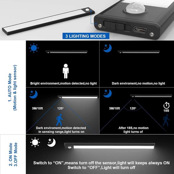 2 stk skaplys, 30 cm, trådløst, USB-oppladbart, bevegelsessensor, 3 lysmoduser, skaplys, kald hvit 6000K, svart