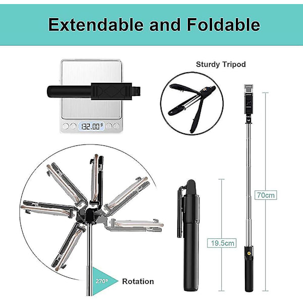 Bluetooth Selfie Stick Tripod Med Fjernbetjening, Rotation Selfie Stick Med