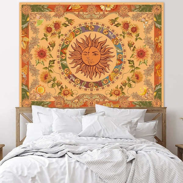 Gul sol och måne gobeläng retro gobeläng solros fjäril mal konstellation estetisk gobeläng sovrum sovsal vardagsrum gobeläng 130*150cm