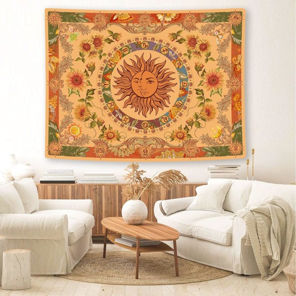 Gul sol och måne gobeläng retro gobeläng solros fjäril mal konstellation estetisk gobeläng sovrum sovsal vardagsrum gobeläng 130*150cm