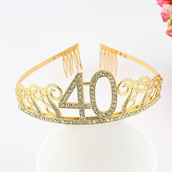 Fødselsdagskrone med krystallrhinestone, tiara, dronningkroner, dansefest, pannebånd, hårkam, hårnål til kvinners 40-årsdagsfest, gull