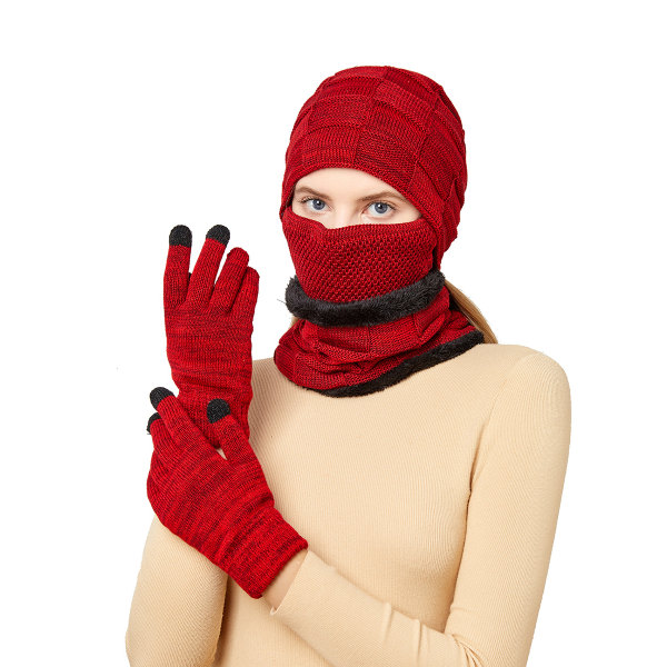 Varm 4-delad mössa, halsduk, mask och handskar för män och kvinnor röda