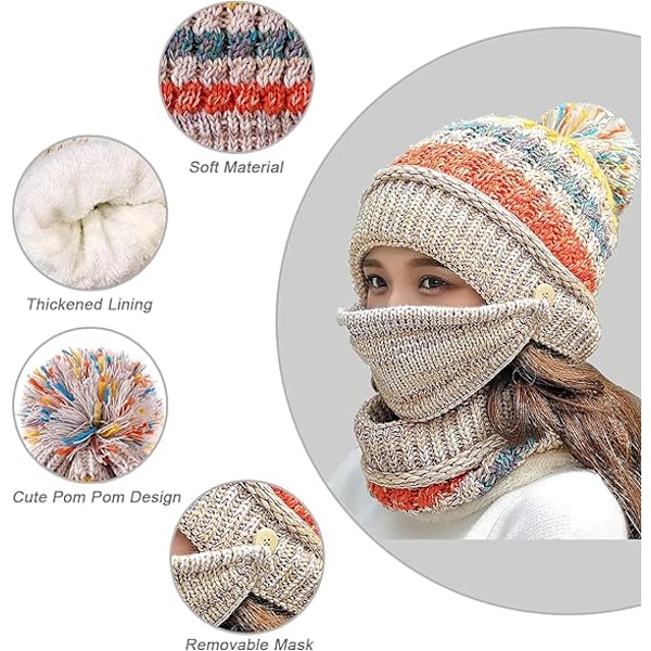 Dam vintermössa halsduk mask 3 i 1 fleecefodrad stickad varm mössor halsdukar set med pompom