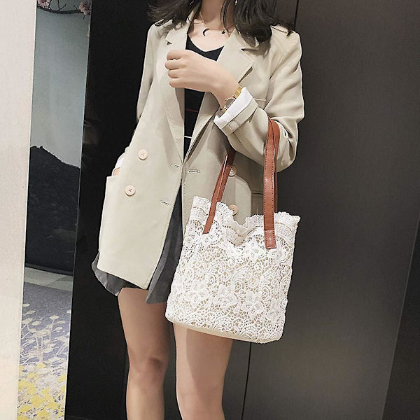 Mote Dame Litterær Blonder Hult Allsidig Håndveske Skulder Bag + Clutch White