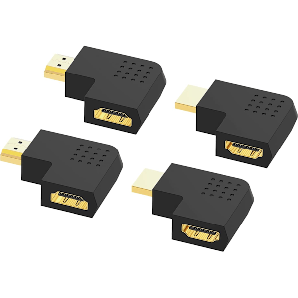 4-pakning Flat HDMI-adapter, 90 graders vinklet vertikal flat HDMI-adapter hann til hunn venstre og høyre vinklet