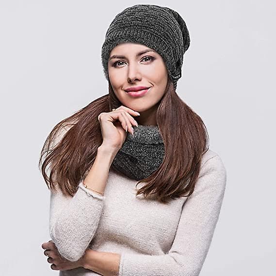 Vinterhue Beanie Hat Halstørklæde Sæt Bløde Tykke Huer Varme Huehætter Grå Grey